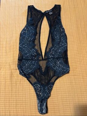 Victoria's Secret Black Lace & Mesh Plunge Bodysuit